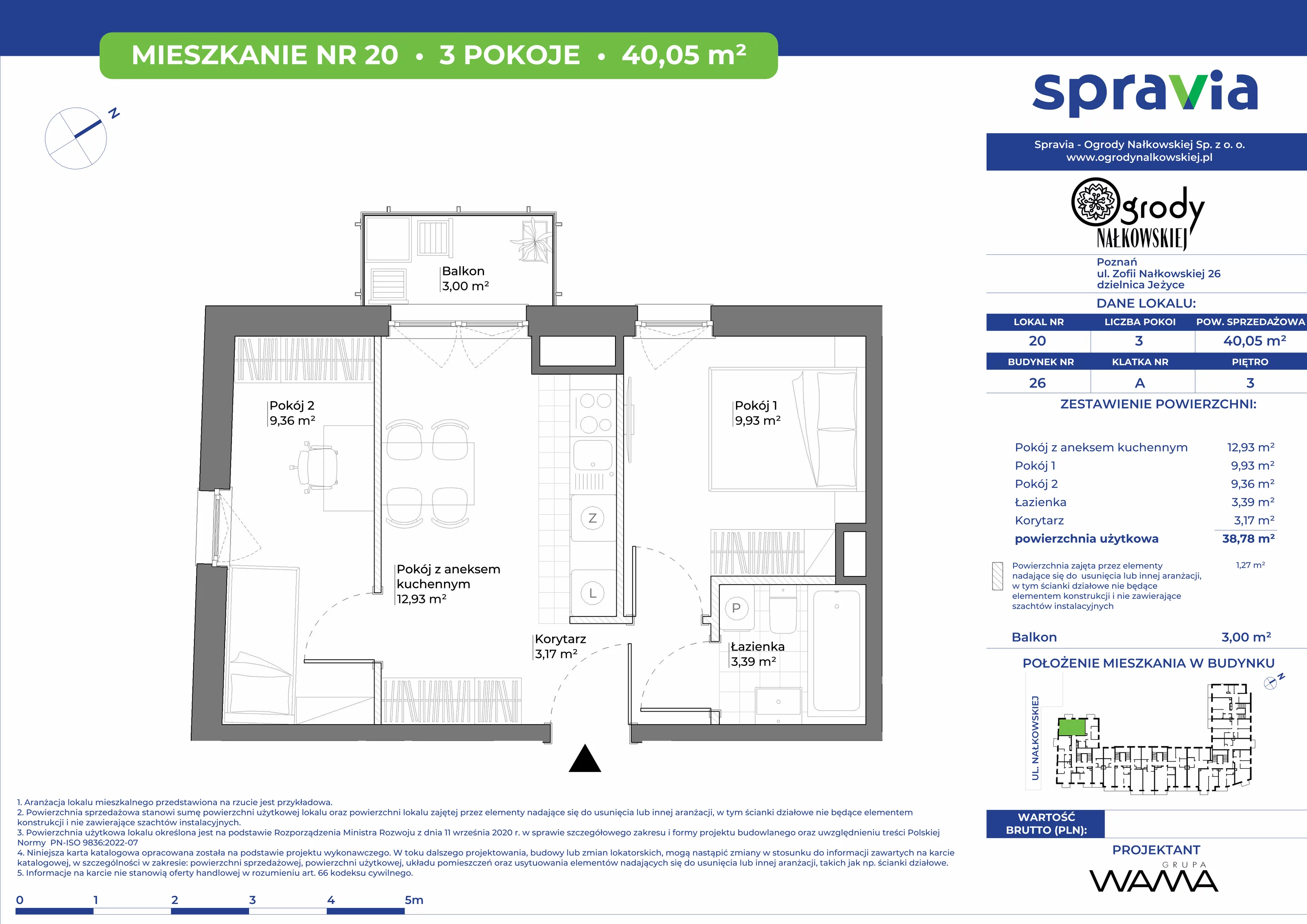 3 pokoje, mieszkanie 40,05 m², piętro 3, oferta nr 26-20, Ogrody Nałkowskiej, Poznań, Ogrody, ul. Nałkowskiej 24, 26